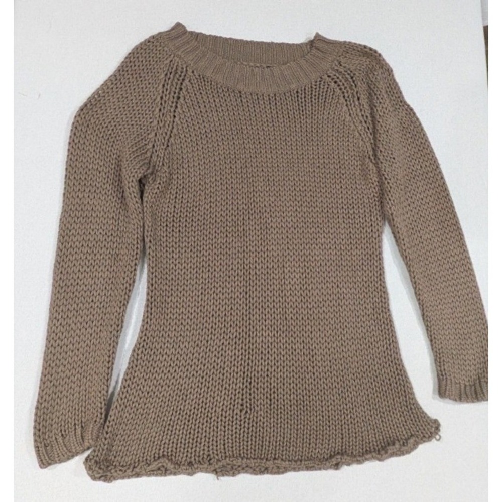 Chunky Knit Sweater Women Small Taupe Brown Excellent Crew Neck Raglan